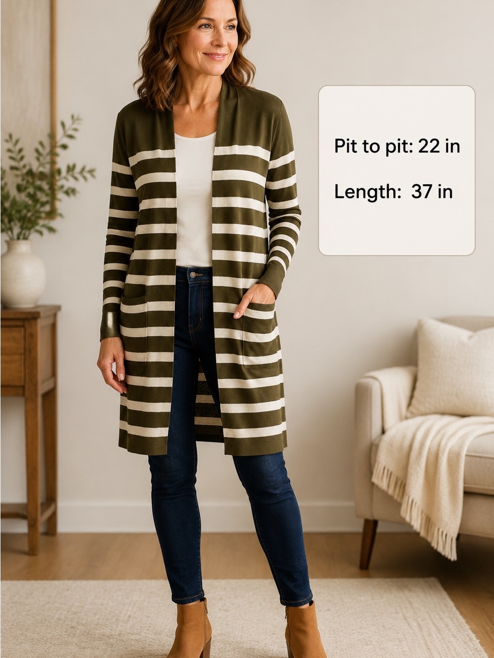 NWT Talbots Petite PL 100% Linen Long Cardigan Olive Ivory Stripe Duster